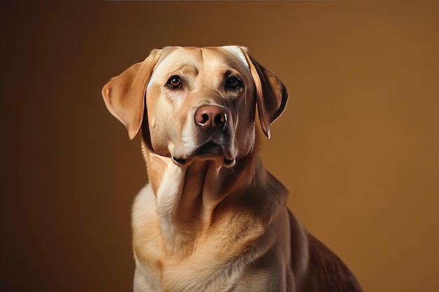 A portrait of a yellow lab dog with a brown background.