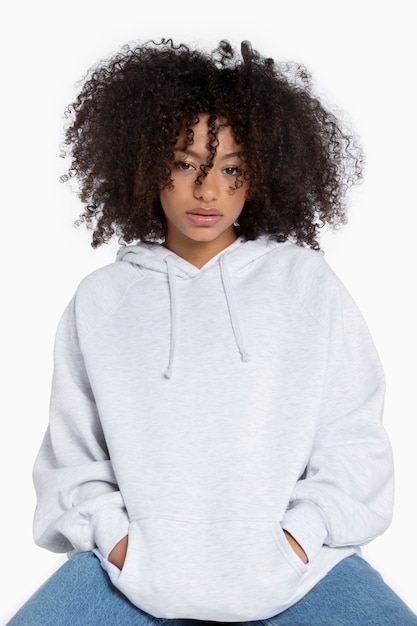 Photo portrait of young adult wearing hoodie mockup