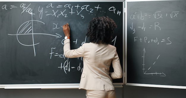 Portrait of young African American female teacher in glasses standing at board, writing with chalk math or physics laws and formulas and smiling to camera at class. Education concept.