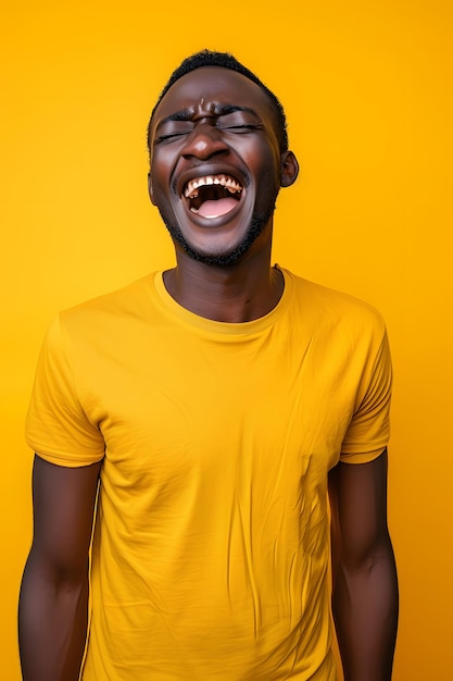 Portrait of a young african american man laughing on yellow background