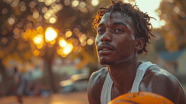 外でバスケットボールをしている若いアフリカ系アメリカ人の肖像画