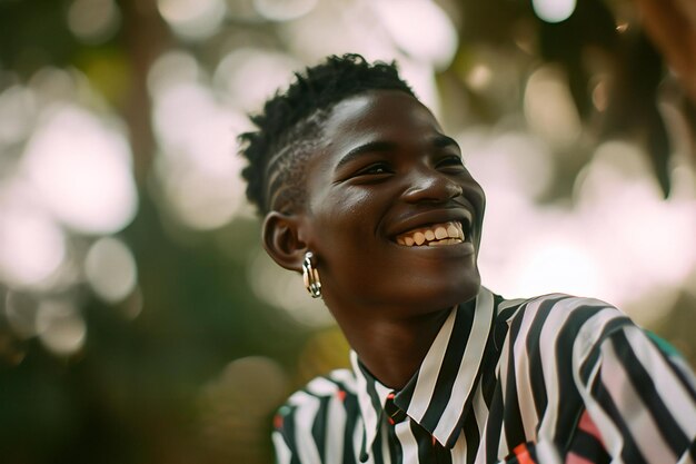 Photo portrait of a young african american man smiling outdoors