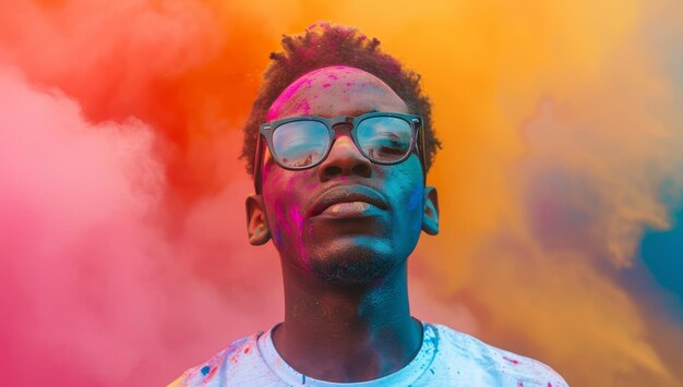 Portrait of young african american man with face covered in colored powder