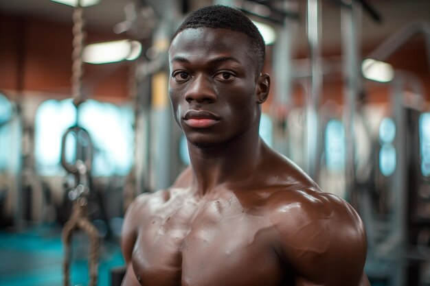 Portrait of young african american man working out in gym