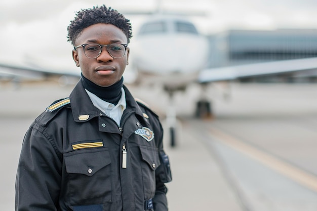 Портрет молодого афроамериканского пилота, стоящего перед самолетом в аэропорту