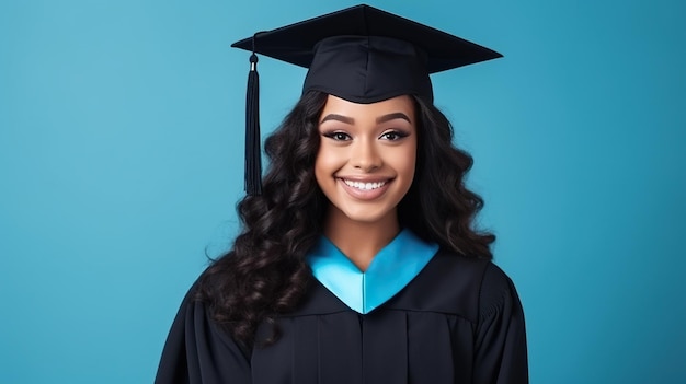Portrait of young African American smiling female student in hat and gown posing in blue background Successful graduation from university Concept of education