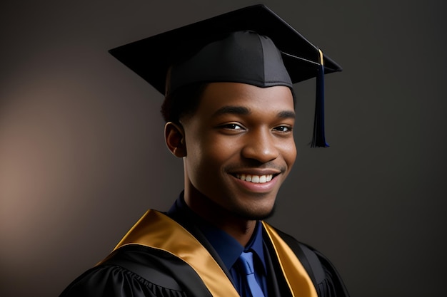 Foto ritratto di un giovane studente afroamericano sorridente in cappello e abito che posa sullo sfondo nero