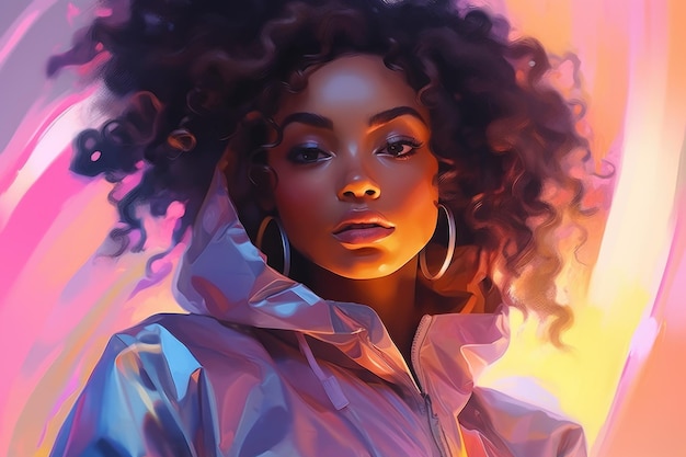 네온 불빛으로 빛나는 화려한 패션 재킷을 입은 젊은 아프리카계 미국인 여성의 초상화