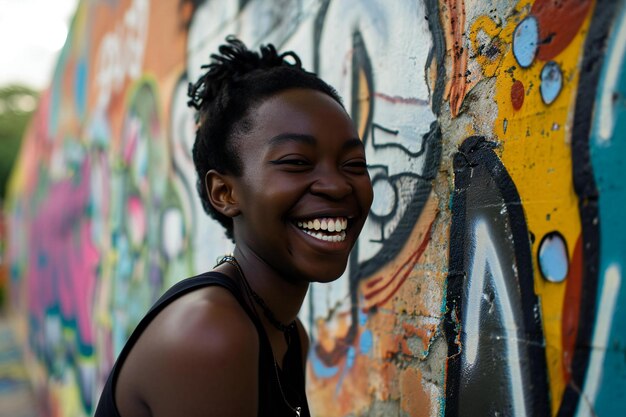 Foto ritratto di una giovane donna afroamericana che sorride contro un muro di graffiti