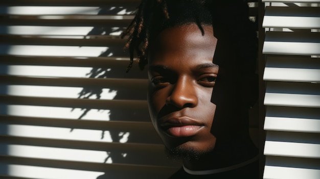 Portrait of young African black man standing near window with blinds direct sun light with high con