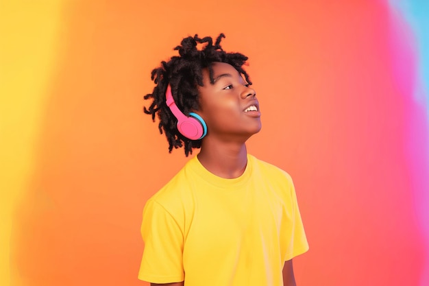 Photo portrait of young african boy listening to good music or podcast in wireless headphones