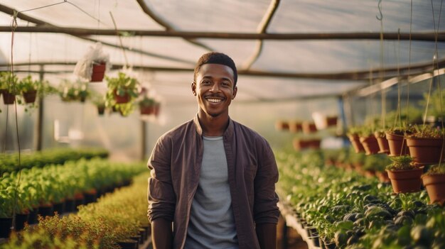 Photo portrait of young african male farmer or small business owner at plant nursery