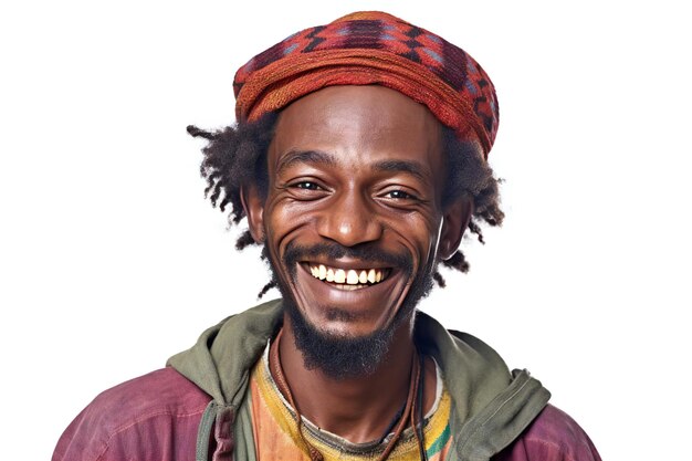 Photo portrait of a young african man laughing against a white background