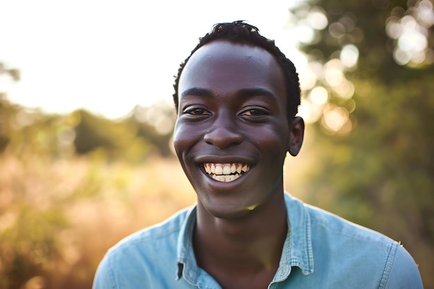 Portrait of a young african man smiling at camera in the countryside