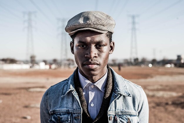portrait of young african man wearing cap while standing against sky