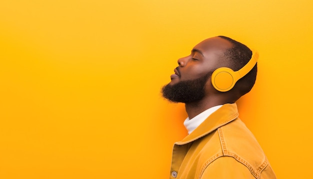Ritratto di un giovane africano con gli occhi chiusi che ascolta e gode della musica su uno sfondo giallo