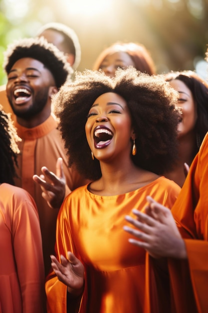 Portrait of a young African woman singing in a gospel choir outdoors on a sunny day