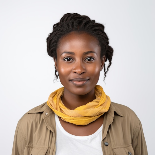 Photo portrait of a young african woman smiling with a yellow scarf and casual jacket