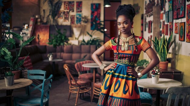 Портрет молодой африканской женщины, стоящей в кафе