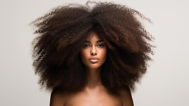 Portrait of young african woman with curly afro hair hair care makeup and hair health