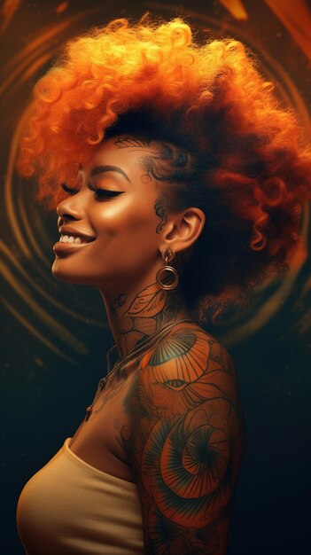 Portrait of a young afro woman with a tattoo on her body standing on a city street in the evening