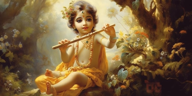 그의 손 그림에 플루트를 복용 젊은 나이 신 크리슈나의 초상화
