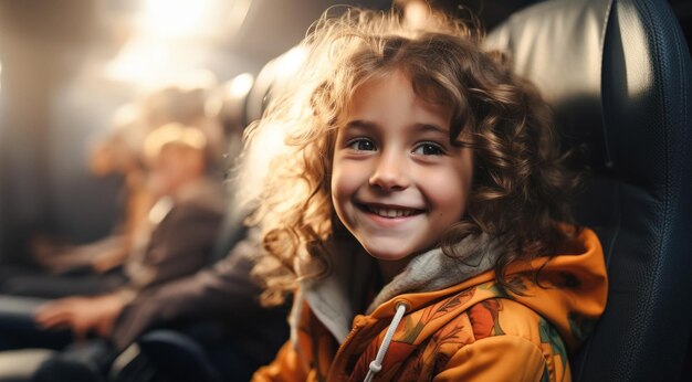 Portrait of young airplane passenger in chair family travel on vacation boarding time of passenger