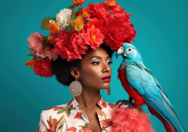 Portrait of young amazed American woman wears cool dress and flower hat stands over red background b