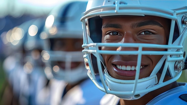 Portrait of a young american football player in helmet Shallow depth of field