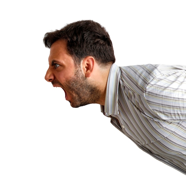 Photo portrait of young angry man screaming isolated on white wall