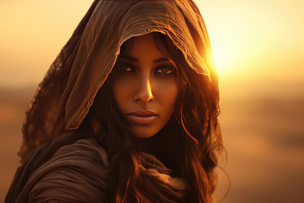 Foto ritratto di una giovane donna araba in hijab nel deserto contro il tramonto generato da ai