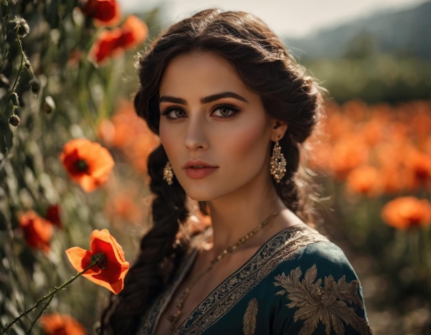 Portrait of a young Artyan woman in poppy fields Generation of AI