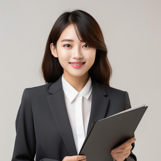 Portrait of young Asian business woman using digital tablet professional manager holding digital tablet computer using software applications standing in front of modern business building