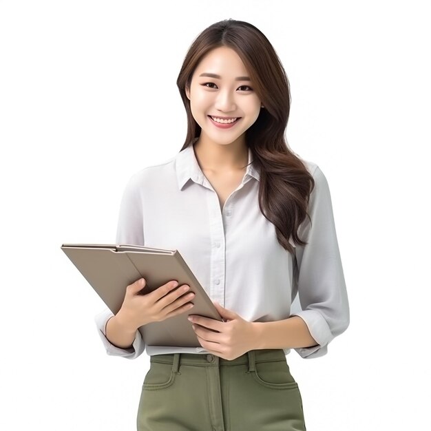 Portrait of young asian business woman using digital tablet professional manager holding digital tablet computer using software applications standing in front of modern business building