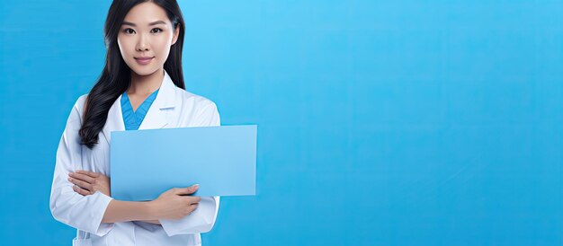 Portrait of a young Asian doctor with a blank board on a blue background a concept of healthcare in a medical setting