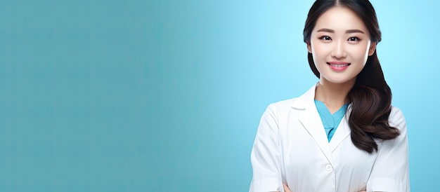 Portrait of a young Asian doctor with a blank board on a blue background a concept of healthcare in a medical setting