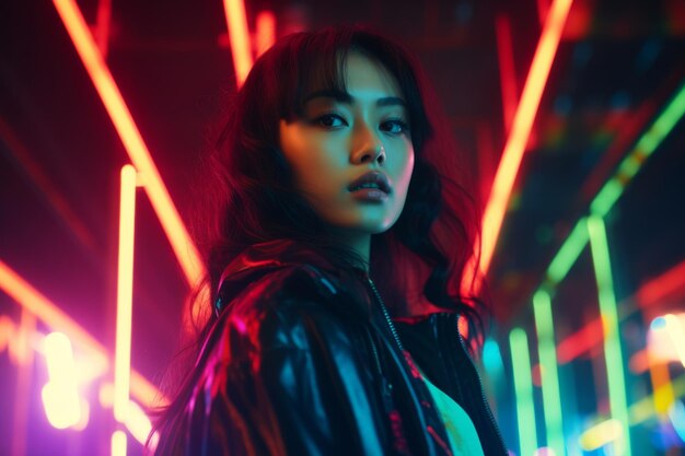 Portrait of young asian fashionable girl in neon lights A low angle view