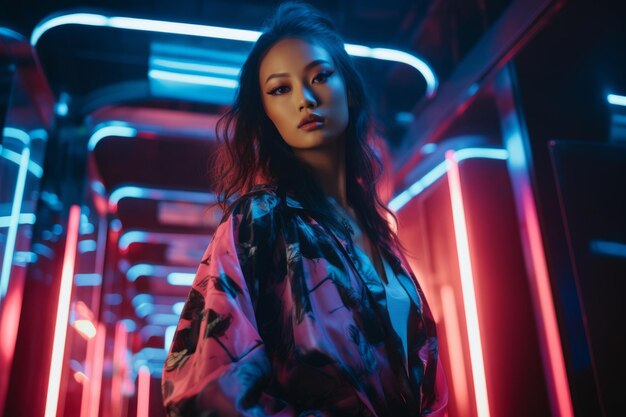 Portrait of young asian fashionable girl in neon lights A low angle view