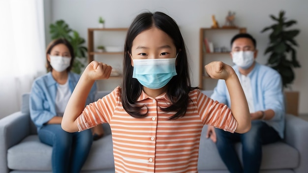 Portrait young asian female child wearing facial surgical mask stay strong posing confident in quar