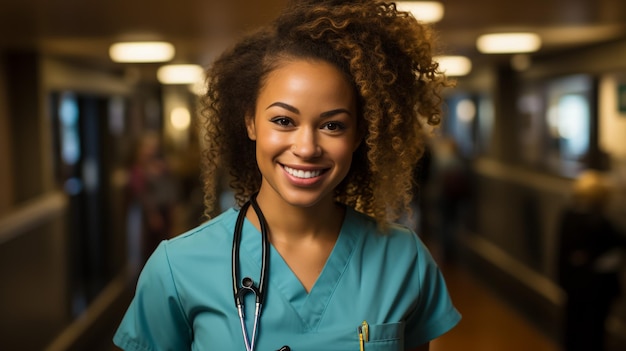 Photo portrait of young asian female doctor writing on clipboard in hospital corridor