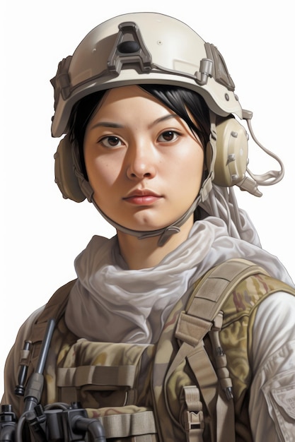 Portrait of a young Asian female soldier wearing a military helmet and scarf