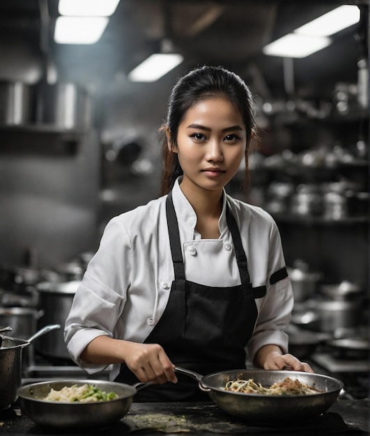 Photo portrait of young asian girl chef cooking chinese food in the kitchen