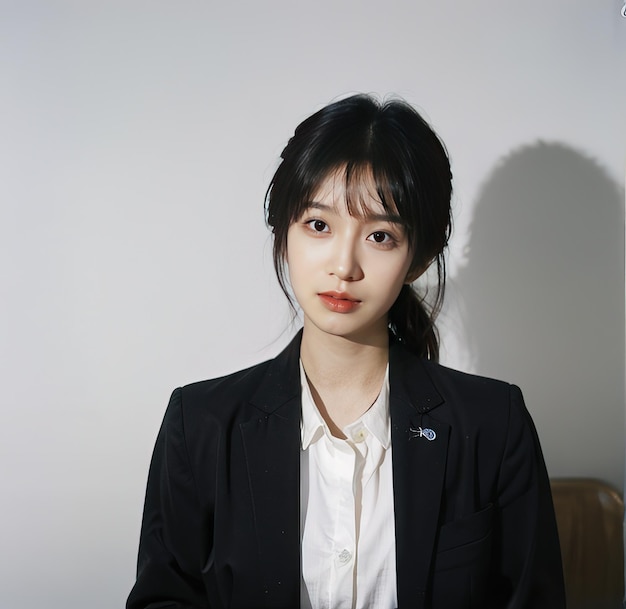 portrait of a young Asian girl with a beautiful face and short black hair wearing a white shirt