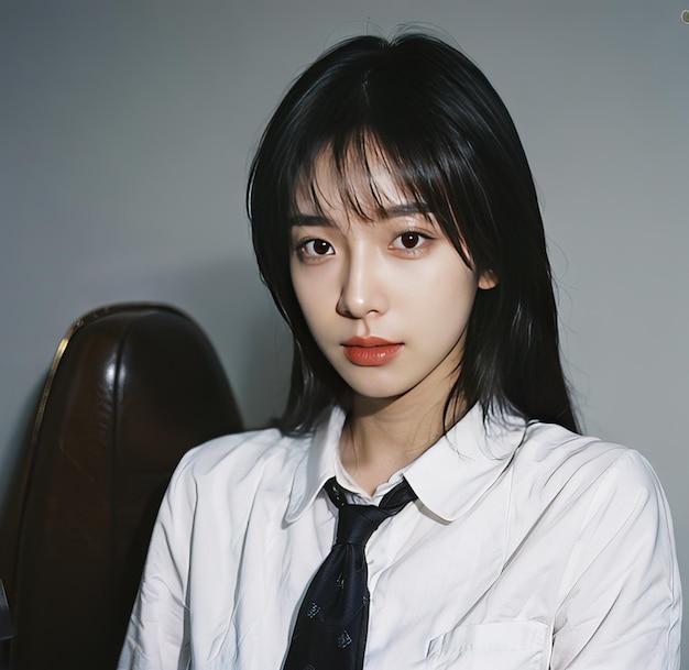 portrait of a young Asian girl with a beautiful face and short black hair wearing a white shirt