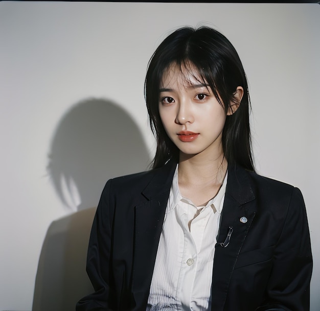 portrait of a young Asian girl with a beautiful face and short black hair wearing a white shirt