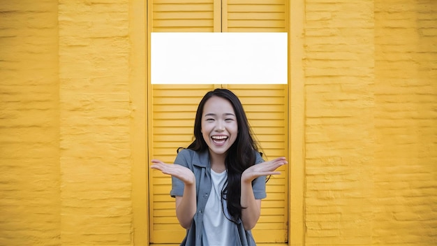 Portrait of young asian lady smiling with cheerful expression shows something amazing at blank spa