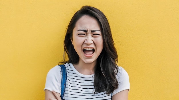Portrait of young asian lady with negative expression excited screaming crying emotional angry in