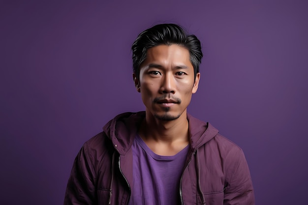 Photo portrait of a young asian man on a purple background