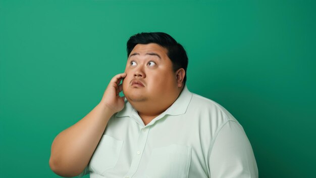 Photo portrait of young asian man suffering from headache on green background