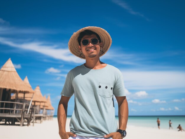 Portrait of young asian man wearing sunglasses and hat on the beach